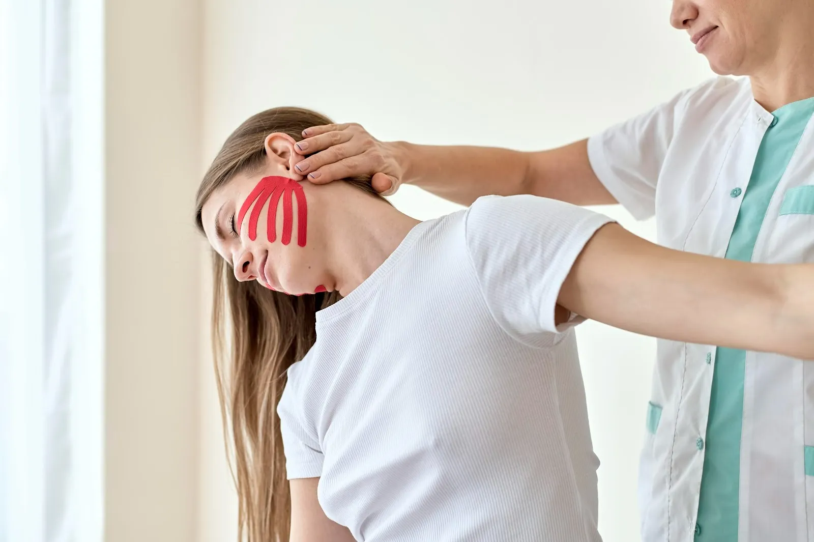 Doctor stretching a woman's neck while she wears forehead tape