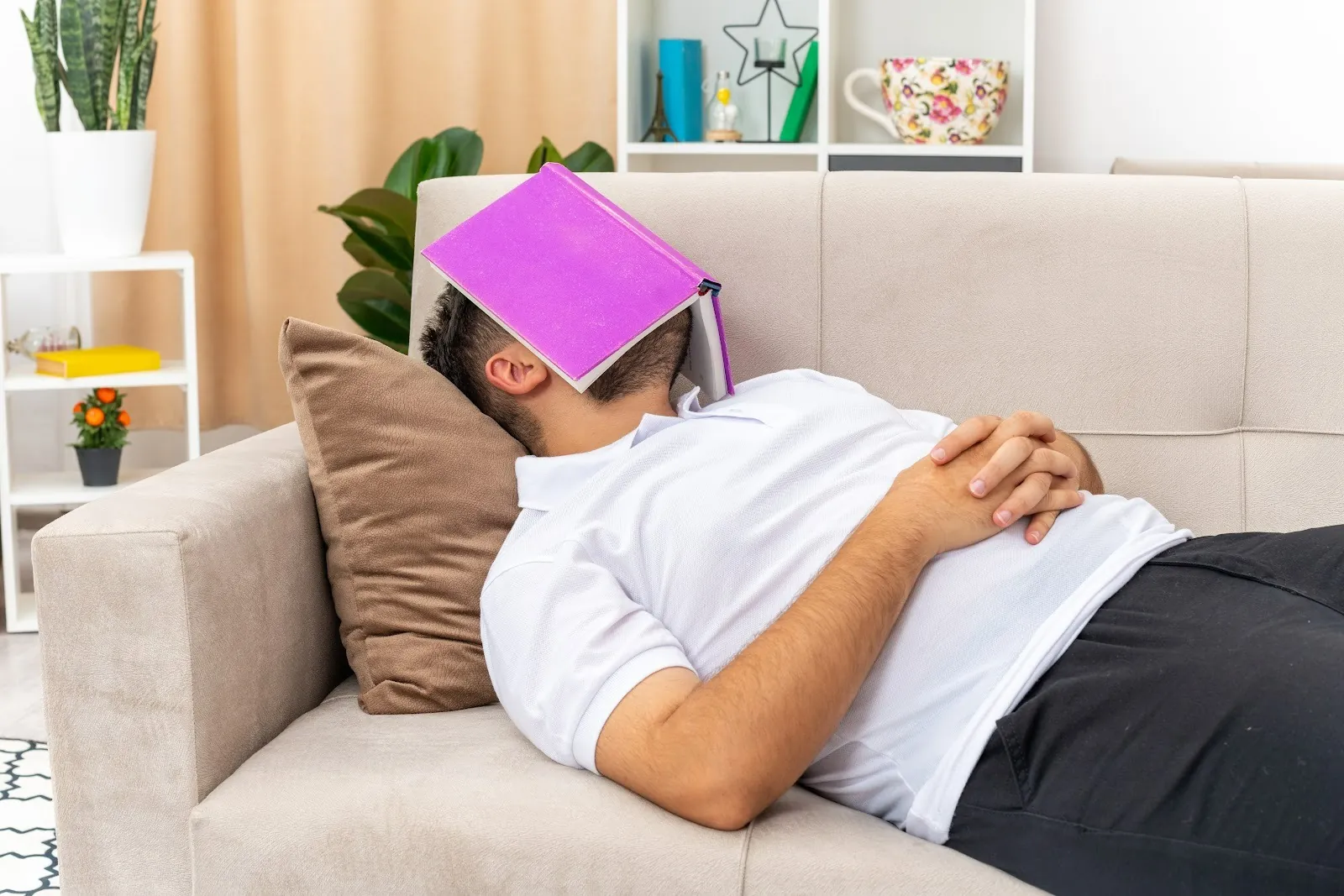 Man lying on a couch with a book over his face