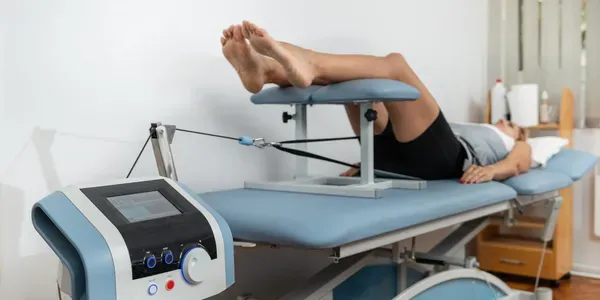 Spinal decompression table with a control unit beside it