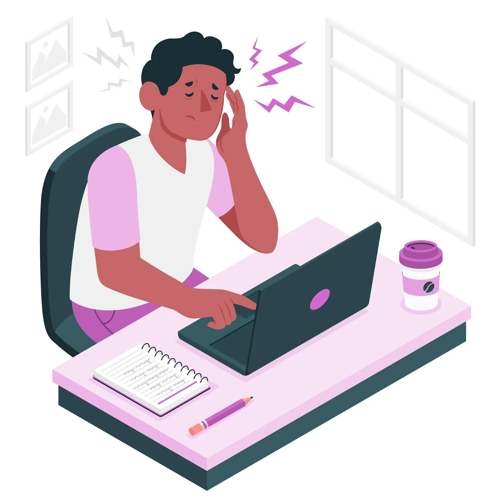 Illustration of a man with a headache at a laptop